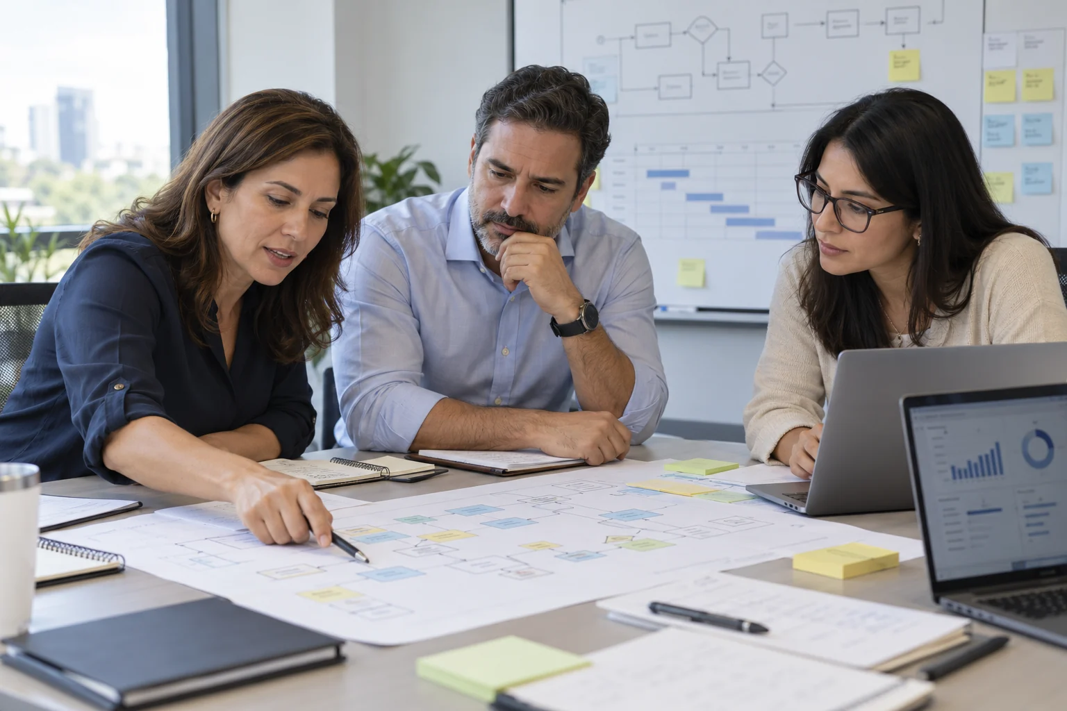 Equipo revisando procesos, un plan de implementación e indicadores de gestión