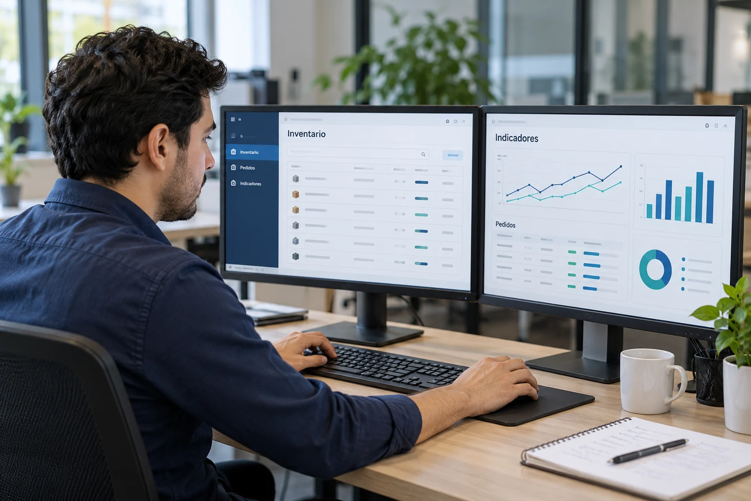 Especialista trabajando con sistemas de gestión e indicadores digitales